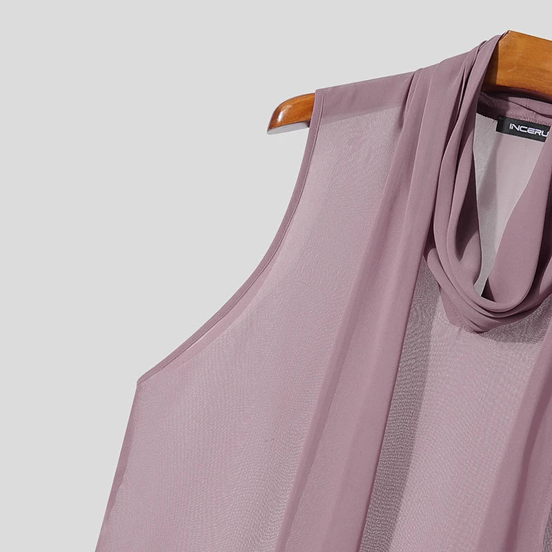 INCERUN Men's Sets Solid Chiffon See Through Sleeveless Irregular Tank Tops Pants Two Piece Sets Oversize 2026 Men Matching Sets