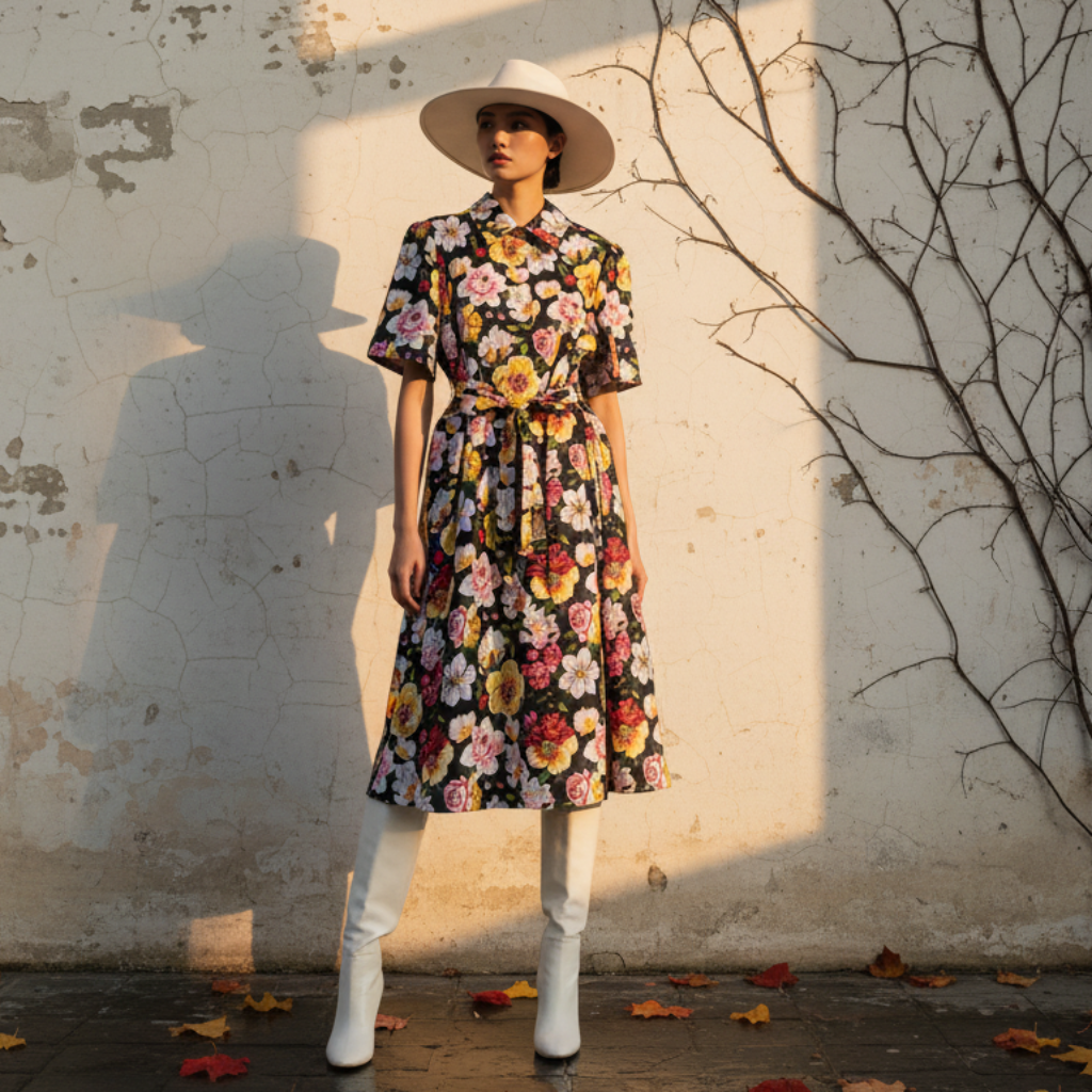 Retro print lapel single breasted slim waisted dress 2026 summer women's shirt skirt fashionable loose oversized puffy skirt