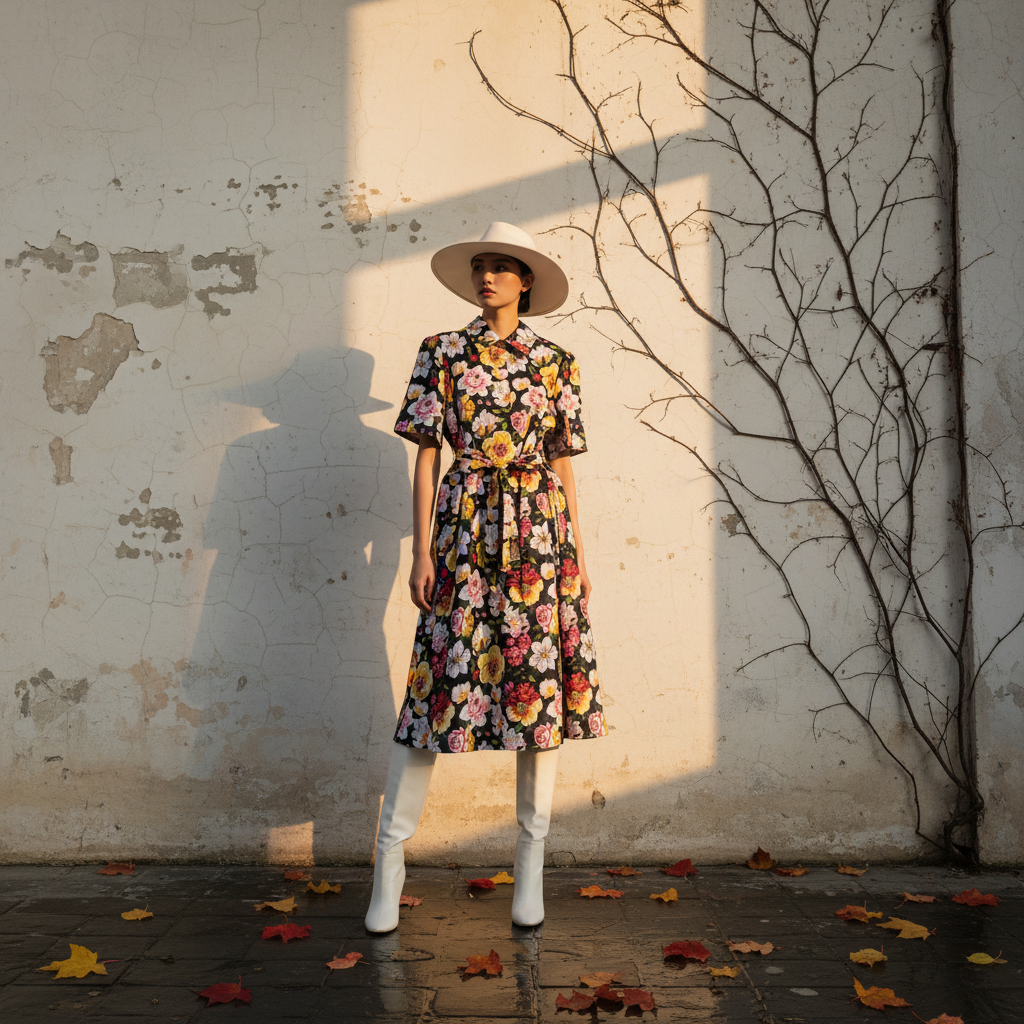 Retro print lapel single breasted slim waisted dress 2026 summer women's shirt skirt fashionable loose oversized puffy skirt