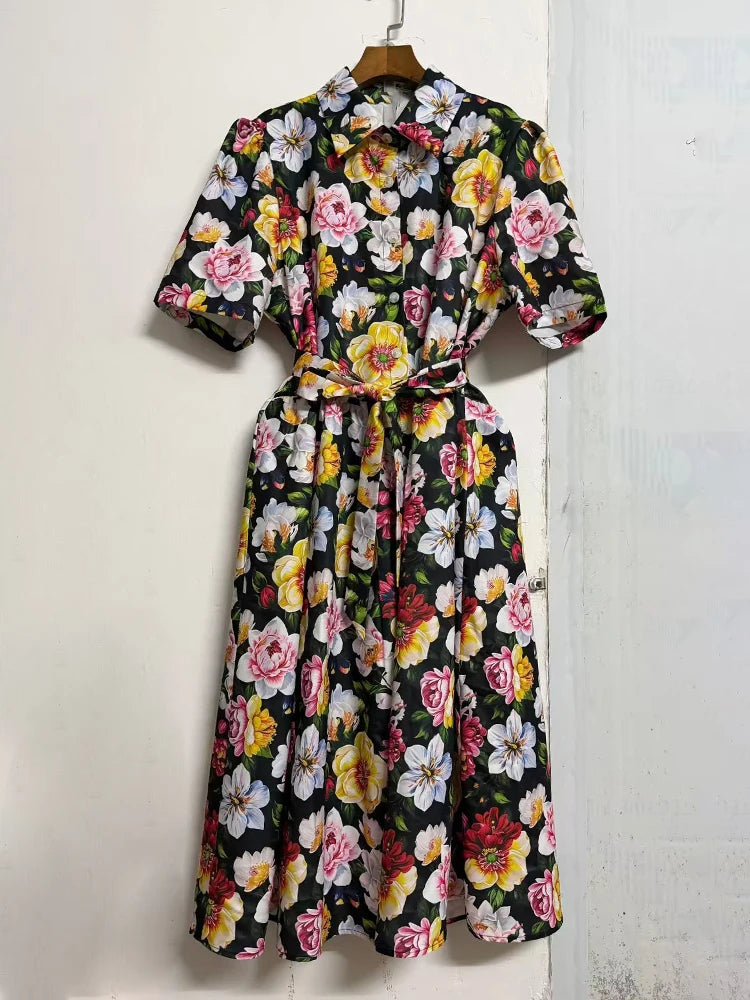 Retro print lapel single breasted slim waisted dress 2026 summer women's shirt skirt fashionable loose oversized puffy skirt
