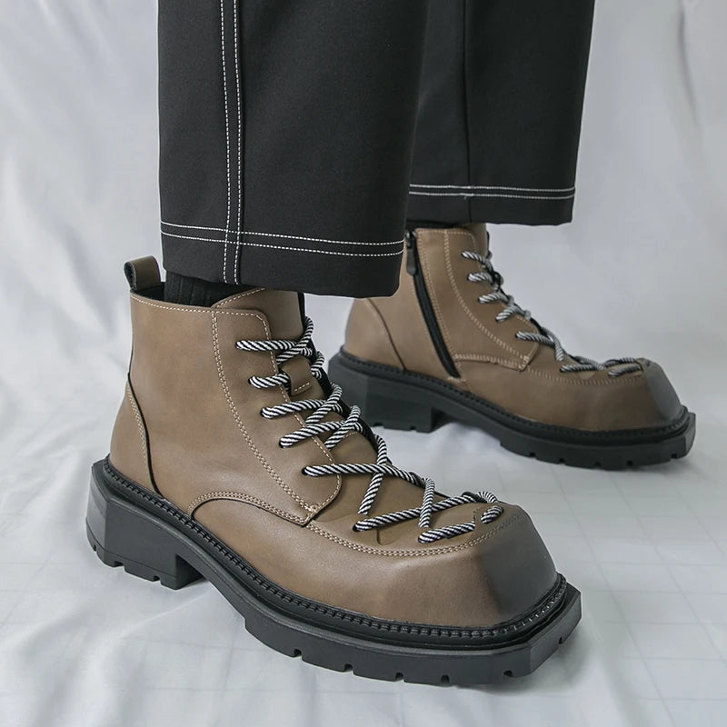 Autumn New Men Comfortable Lace Up Side Zipper High Top Leather Shoes Fashion Brand Round Toe Thick Soled Non Slip Outdoor Boots