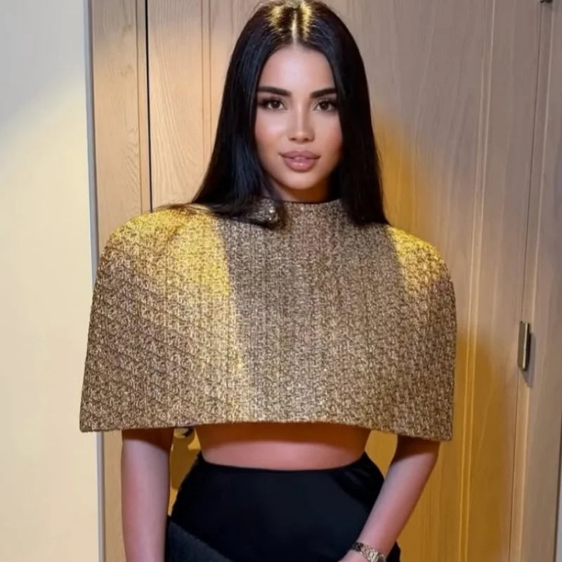 Elegant Chic Gold Sparkle Capelet Top Shiny Tweed Shoulder Wrap Turtleneck Short Cloak New Lady Evening Club Party Tops 2026