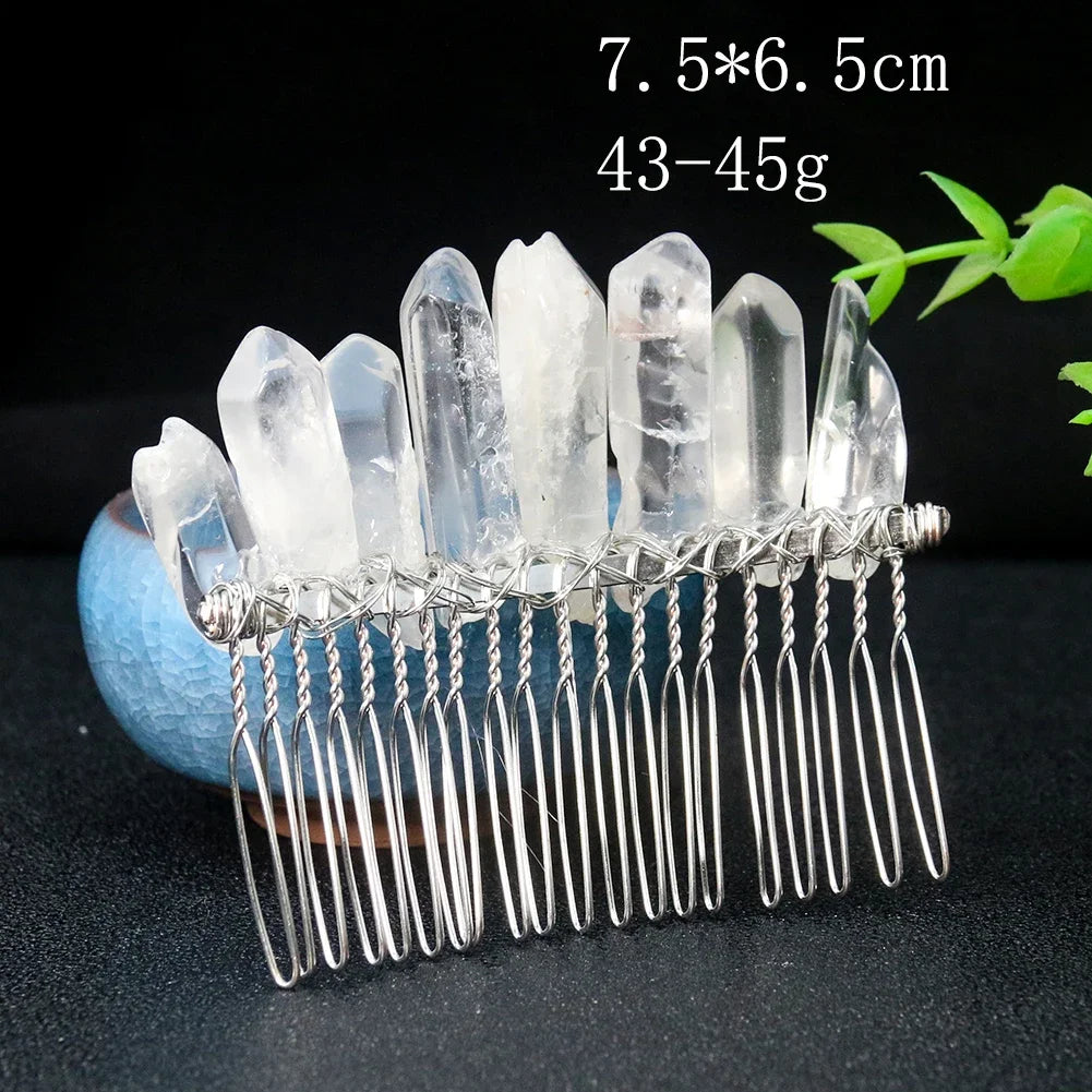 Natural Crystal Point Crown Hair Comb Transparent Quartz Crown Hair Band Bride Wedding Ornament Hairpin Craft Woman Jewelry