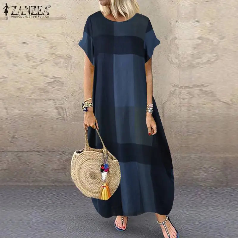 ZANZEA Bohemian Plaid Checked Sundress Summer Short Sleeve Long Dress Fashion Holiday Party Vestido Femme Casual Loose Robe 2025