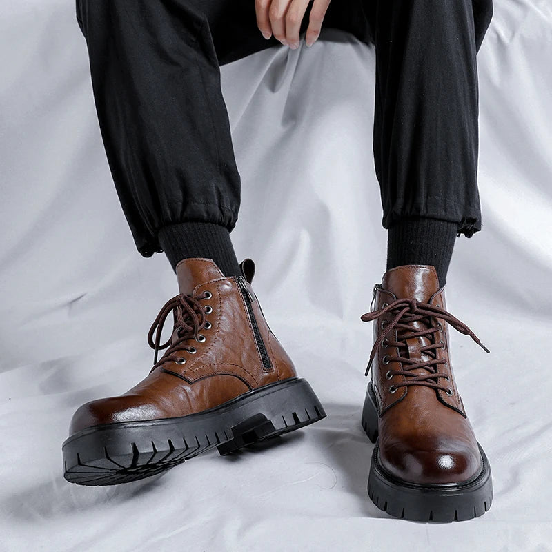 New Fashion Lace Up Casual Mens Boots Mens Thick Sole Ankle Boots Trendy Comfortable Mens Classic Black/Brown Motorcycle Boots