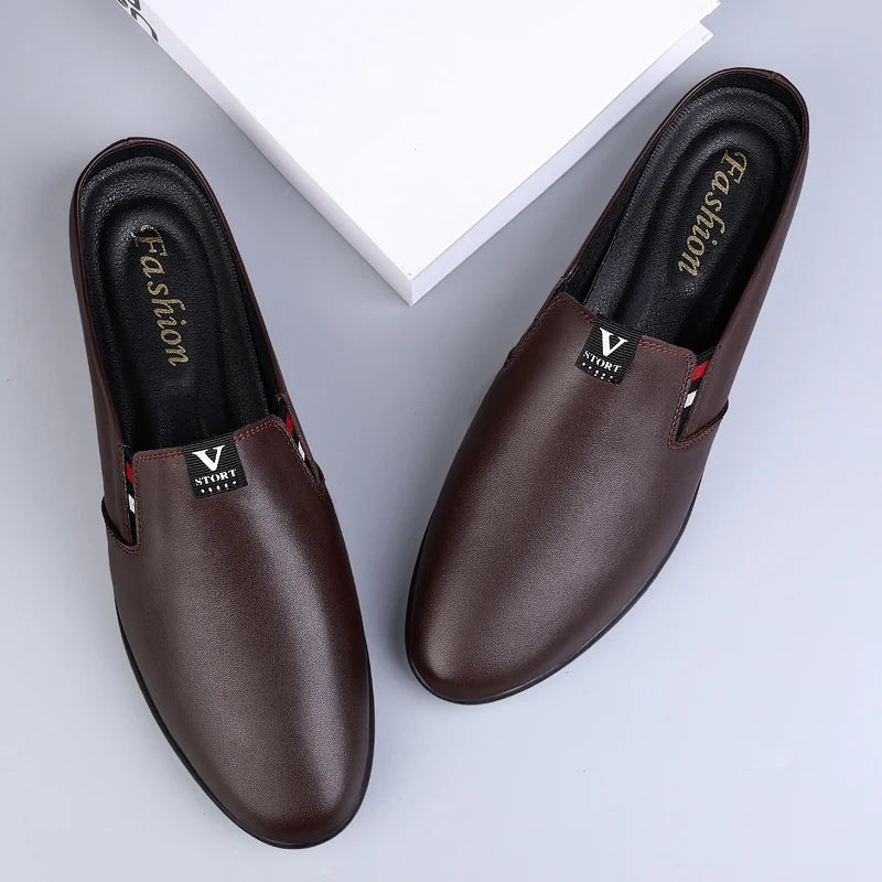 Men's Leather Black Half Leather Shoes Fashion Non-slip Half Trailer Men Sandals Moccasin Breathable Soft Flats Men Driving Shoe