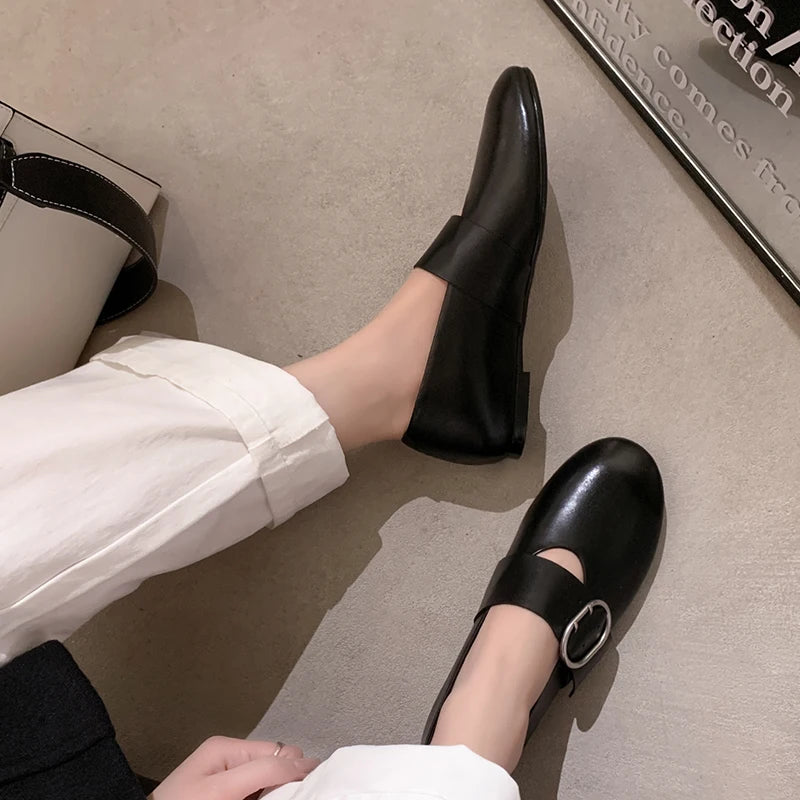 Spring Fashion Women Flats Shoes Heels Cow Leather Ballet Comfort Square Toe Casual Summer Shoes Woman Size 34-40