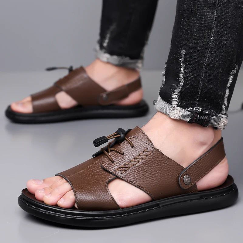 2026 Summer Fashionable Roman Style Comfortable Outdoor Soft Soled Leather Sandals New Men's Breathable and Non Slip Beach Shoes,
