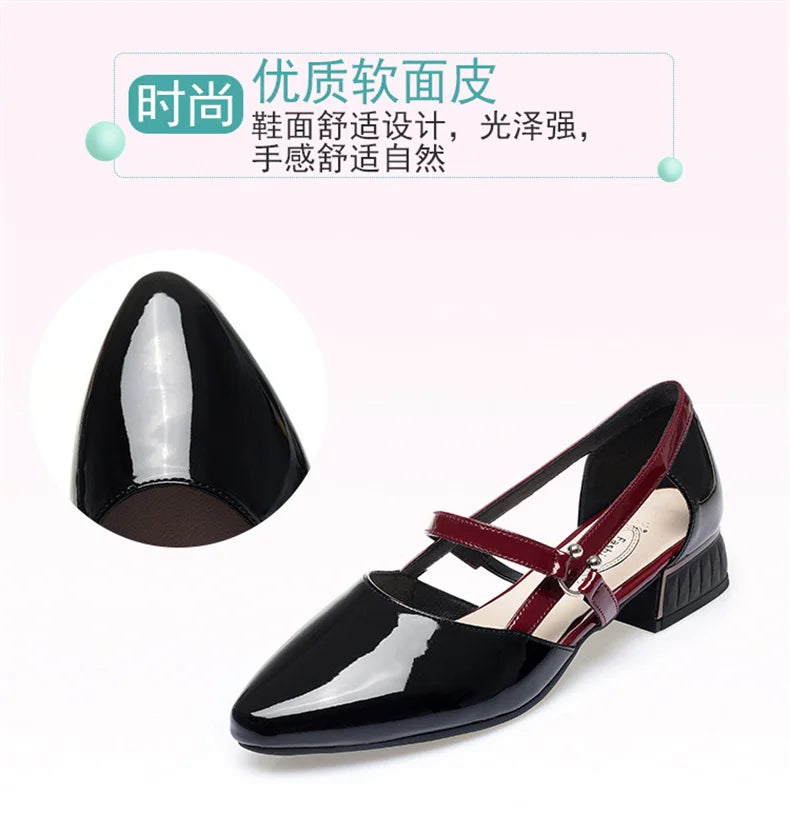 2024 Soft Leather Sandals Women Spring Summer Fashion Pointed Tip Single Shoes Low-Heel Hollow Buckle Ventilate Office Gentle
