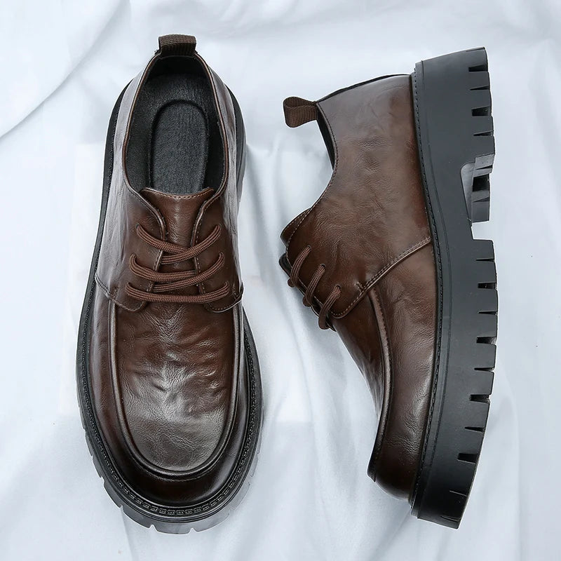 Men's Fashion Genuine Leather British Style Thick Bottom Work Shoes Classic Lace Up Comfortable Anti Slip Big Head Leather Shoes