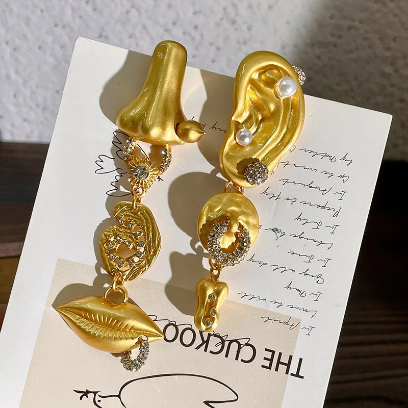 NISHIZAWA Asymmetrical Earrings for Women Human Face Gold Color Hyperbole Pendientes Mujer Medieval Fashion Retro Jewelry