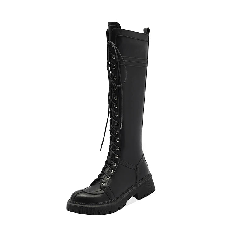 Ods Genuine Leather Women's High Knee Boots Winter Shoes Sexy Lace Up Black White Low Heels Party Shoes Girls Large Size 414243