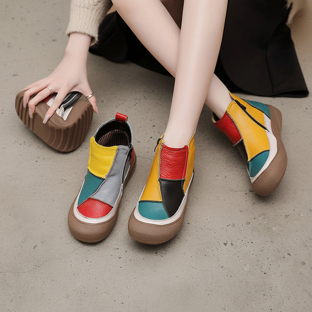 New Autumn Winter Genuine Leather Women's Shoes Zip Women Ankle Boots Handmade Color Blocked Flat Short Boots