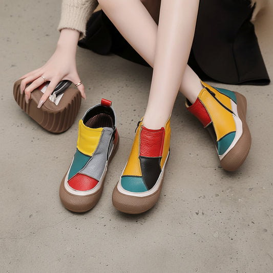 New Autumn Winter Genuine Leather Women's Shoes Zip Women Ankle Boots Handmade Color Blocked Flat Short Boots
