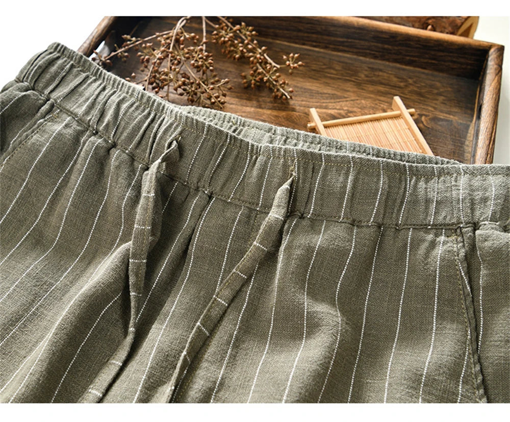 Summer cotton linen men's beach shorts loose fit breathable ramie striped straight daily causal pants for men