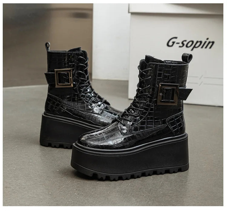 Fujin 8cm New Women Combat Boots Ankle Booties Platform Sneakers Spring Autumn Warm Fur Winter Genuine Leather Women Shoes Boot