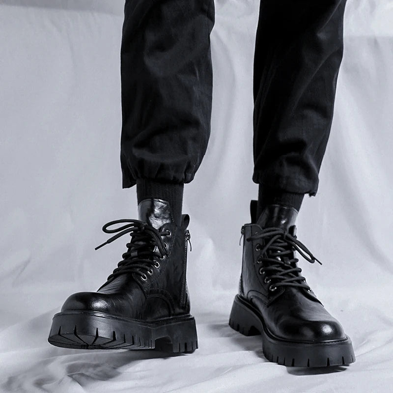 New Fashion Lace Up Casual Mens Boots Mens Thick Sole Ankle Boots Trendy Comfortable Mens Classic Black/Brown Motorcycle Boots