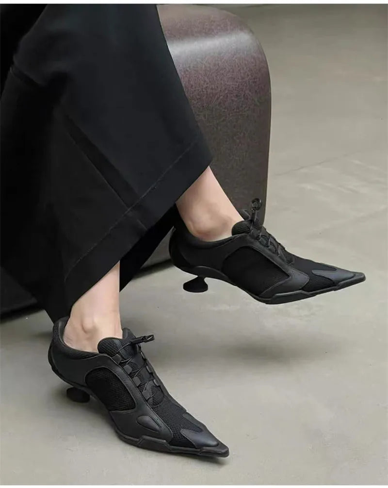 Sport Style Fashion Mixed-color Pointed toe Women Pumps Spring Autumn Breathable Mesh Strange High heels Casual Sneakers Shoes