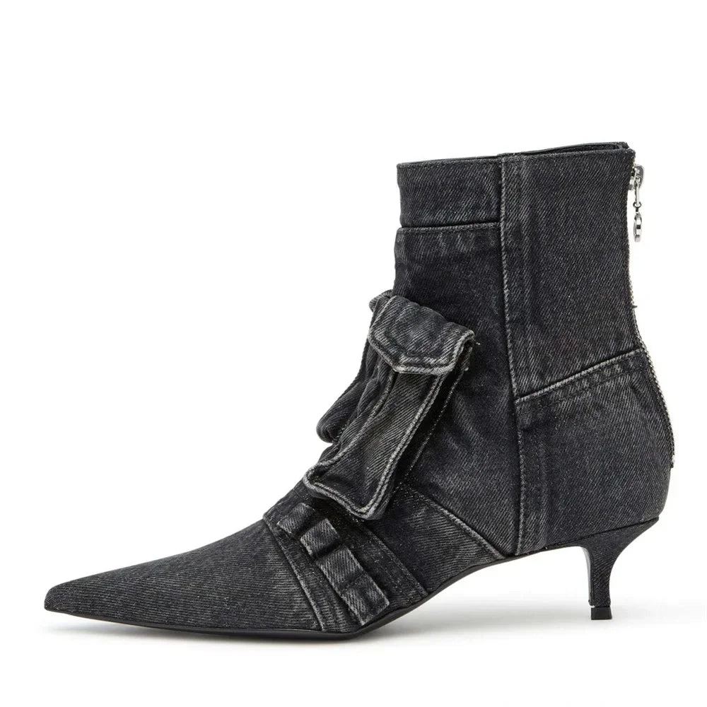 Para Mujer Women Shoes Washed Denim Pocket Boots Fashionable Pointed Thin Low Heel Rear Zipper Short Boots Botas De Invierno