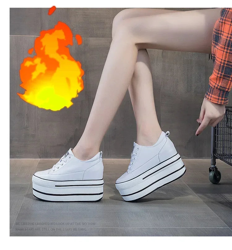 Fashion 10.5cm High Thick Heel Platform Flats Women Casual Shoes Genuine Leather Soft Quality Casual Shoe Sneakers White Black