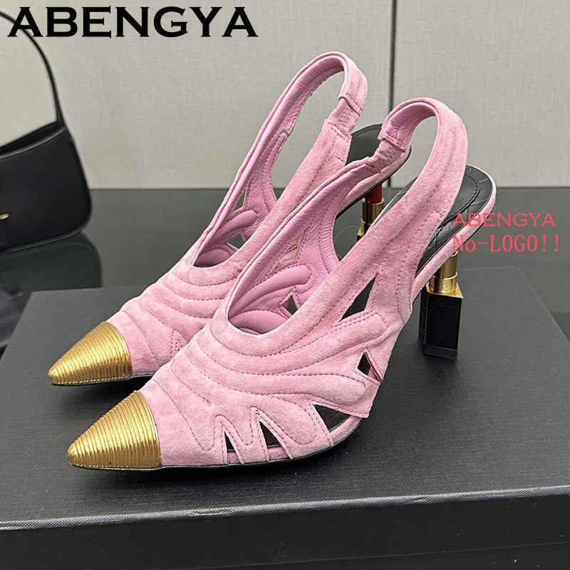 Fashion Strange High Heels Sandals Women Metal Pointy Toe Suede Slingbacks Pumps Summer Sexy Party Wedding Brides Shoes Female