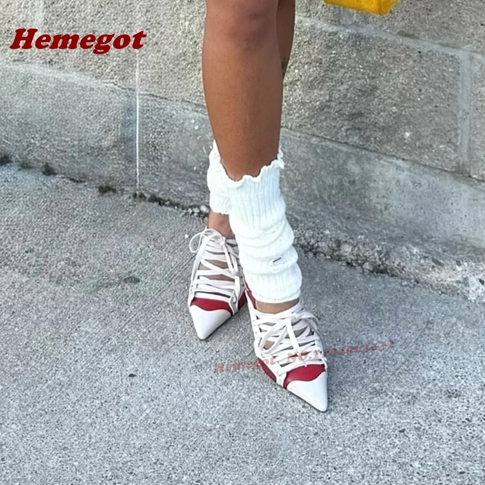 Patchwork Cross Tied Shallow Pumps Pointy Toe Lace-Up Stiletto Heels Pumps for Women 2025 Newest Splicing Runway Street Shoes