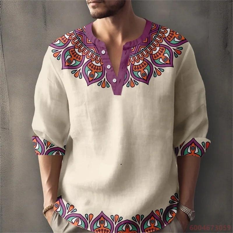 Men's Long-Sleeved Shirt for Summer Vacation, Featuring a Color-Blocked Geometric Print and Henley Collar; Stylish Men's Shirt.