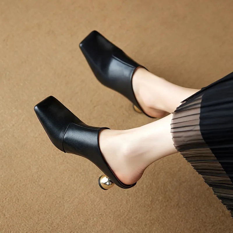 Dilalula 2025 Elegant Genuine Leather Thin High Mules Women Covered Toe Strange High Heels Ladies Party Dress Shoes Summer