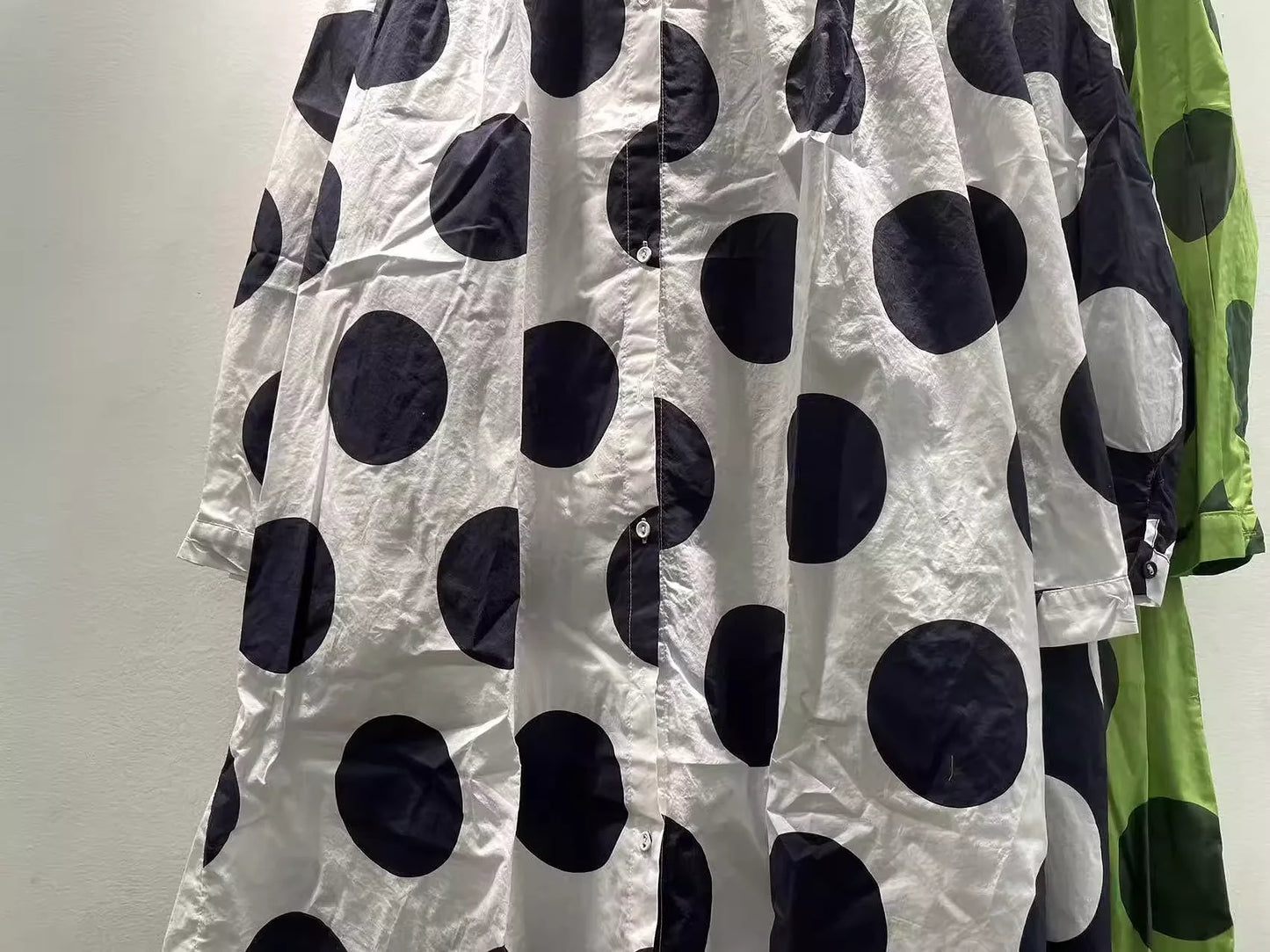 Bust 118cm Middle Aged Women Fall Clothes Japan Style Green Polka Dot Print Pure Cotton Shirt Dress for Women Autumn Loose Dress