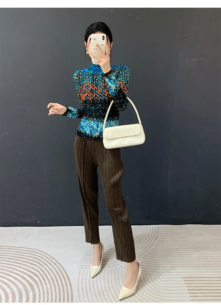 Miyake Pleated 2026 Spring and Summer New Fashion Tops Women's Long-sleeved Half-high Collar Printed T-shirt Bottoming Shirt