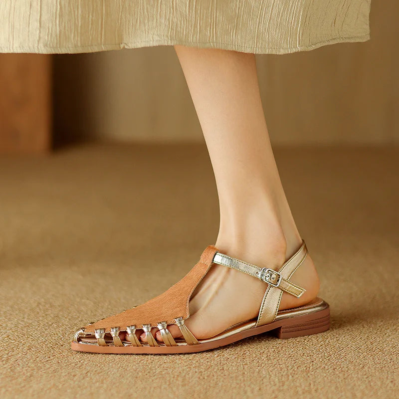 Fashion Horsehair t-strap women's Sandals Covered Toe Low Heels Female Summer Sandals Ladies Casual Sandals Walk