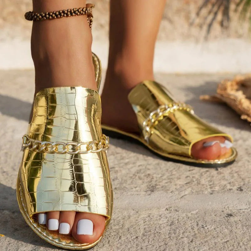 Women's Large Size Chain Flat Sandals 36-43 Summer 2026 Fashion Casual Versatile Open Toe Slippers Versatile Comfortable Sandals