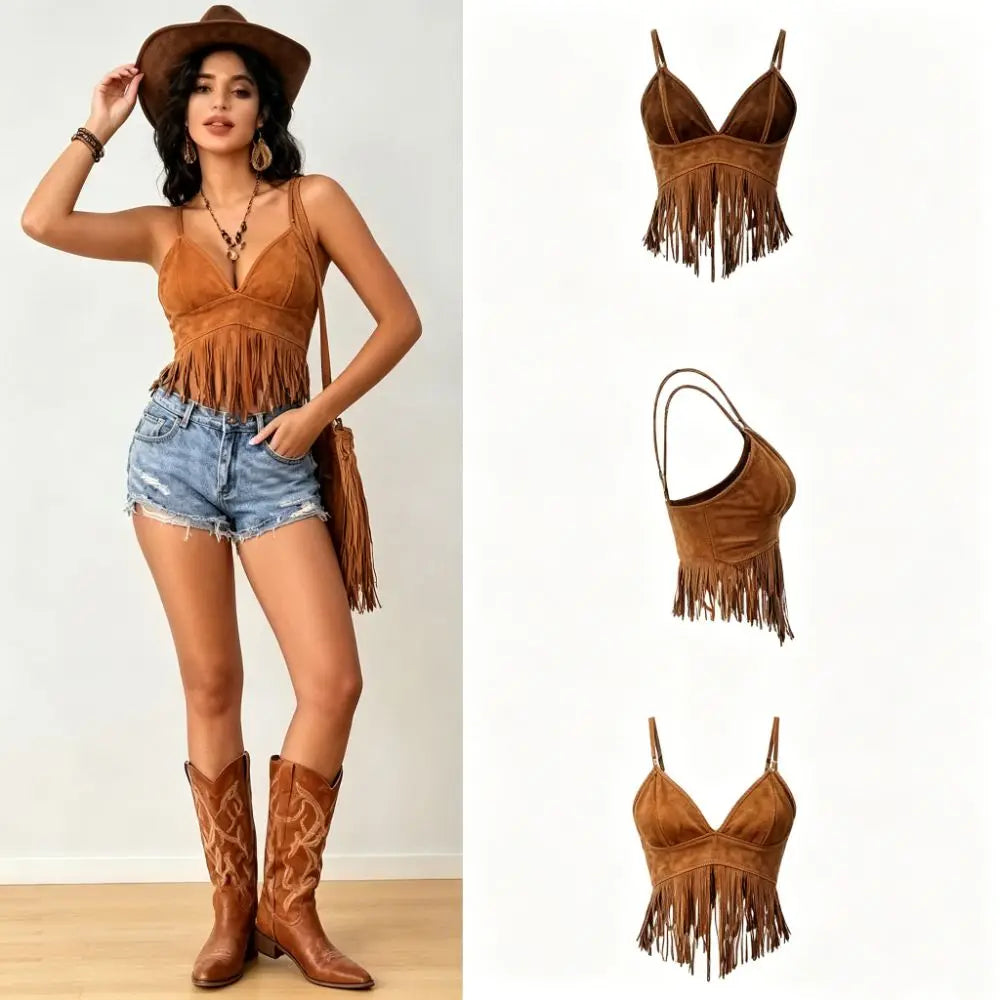 Vintage Faux Suede Women Crop Top V Neck Spaghetti Strap Fringe Vest Tassel Trimmed Cowgirl Style Sleeveless Vest for Women