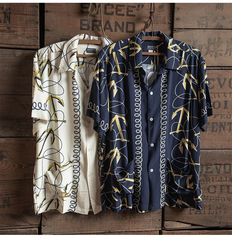 Rugged Bronson Anchor Border Rayon Camp Shirt Old-Fashion Men's Hawaiian Shirt For Beach Vacation