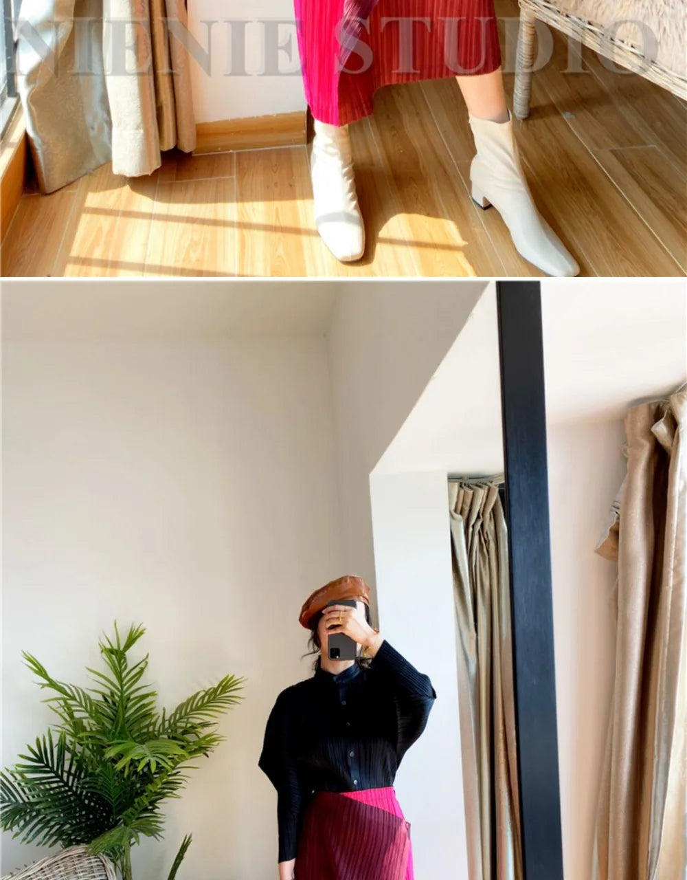 Miyake Pleated Skirt High Waist One Button Stitching Long Asymmetrical Skirt Two Piece Straight Korea Fashion Aesthetic Clothes