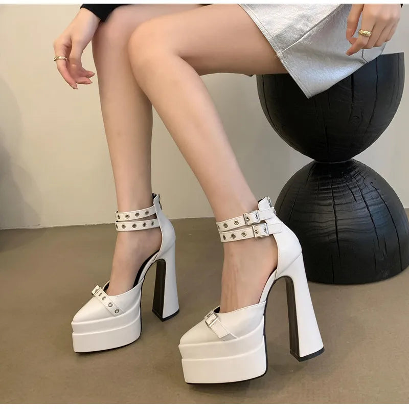 Runway style 15cm Ultra High heels Platform Wedges Women Pumps Fashion Rivet Ankle Strap Thick Heeled Spring Summer Chunky Shoes