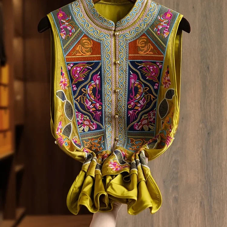 Yellow Heavyweight New Chinese Style Embroidered Women's Vest Fashionable Unique Outerwear Jacket Short Coat from Mainland China