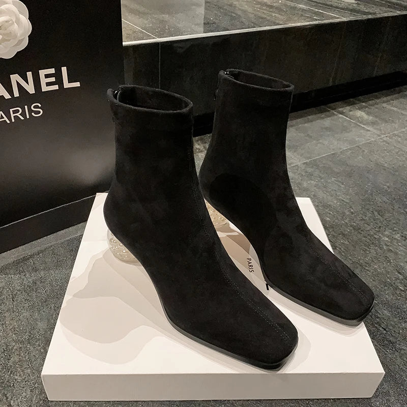 Stretchable Short Boots Women Square Toe Pearl Heels Young Ladies Fashion Ankle Boots Female Party Dating Shoes