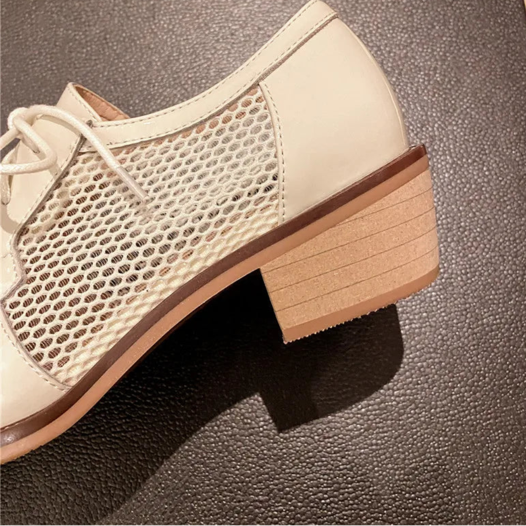 Spring Summer Genuine Leather Mesh Pumps Women Pointed Toe Lace Up Med Thick Heels Breathable Office Ladies Shoes 2025