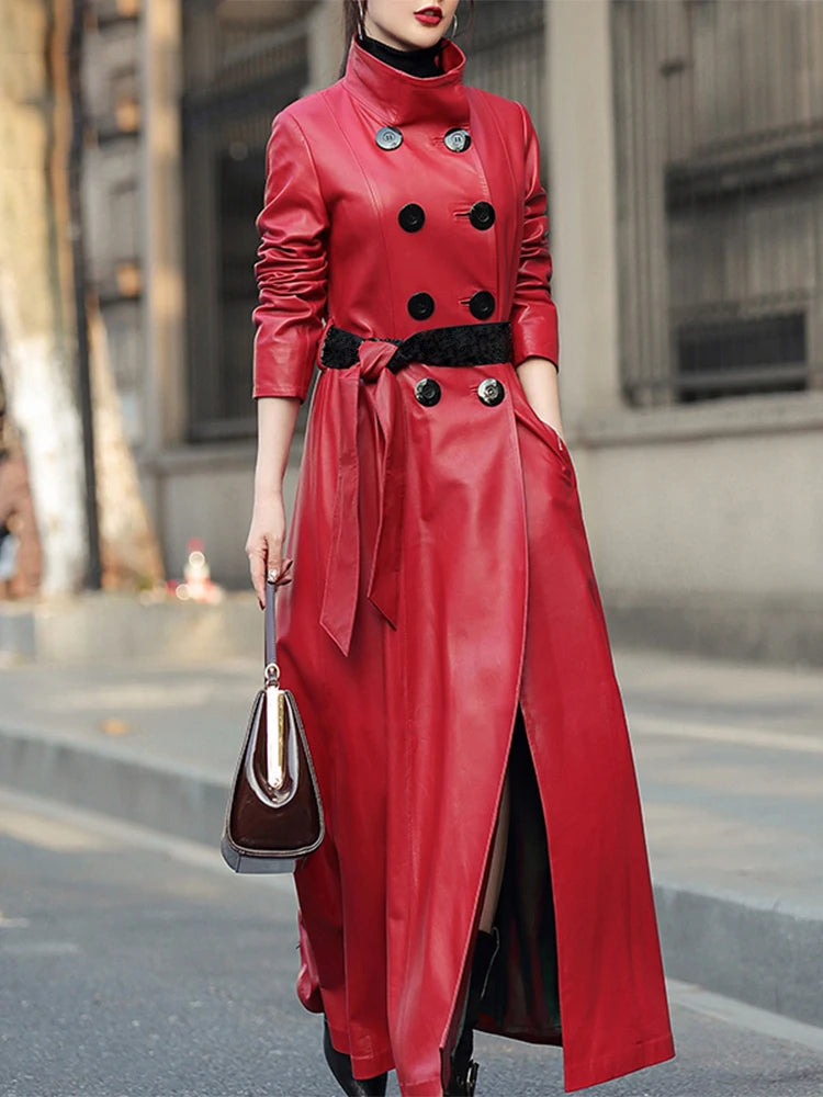 Nerazzurri Autumn Maxi Red Pu Leather Trench Coat for Women Long Sleeve Belt Double Breasted Elegant Luxury Runway Fashion 2023