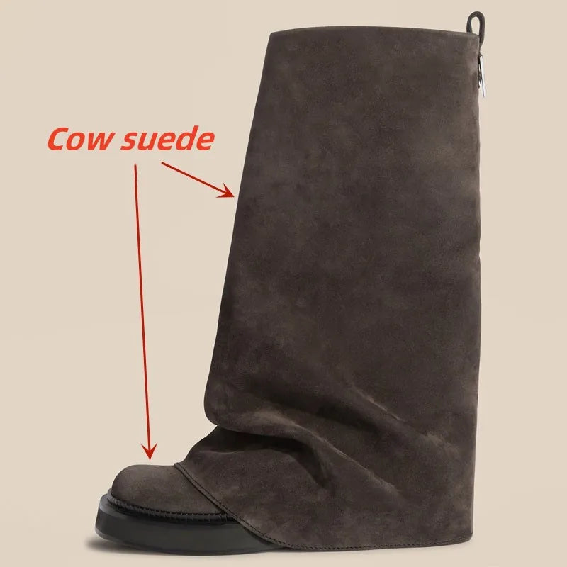 Women's Chunky Leather Flats & Knee Boots - Square Toe Loose Fit Spring-Autumn Casual Shoes with Pleated Pants