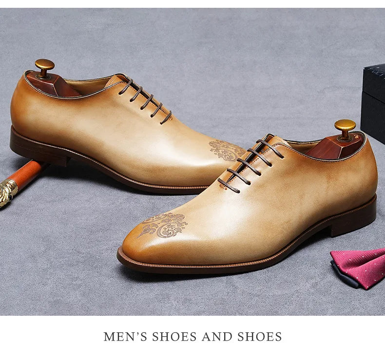 Elegant exclusive Men's Handmade Whole-Cut Leather Shoes | Genuine Cowhide, Leather Lining, Formal Business Wedding Dress Shoes