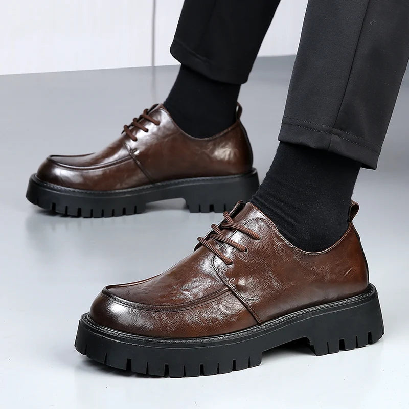 Men's Fashion Genuine Leather British Style Thick Bottom Work Shoes Classic Lace Up Comfortable Anti Slip Big Head Leather Shoes