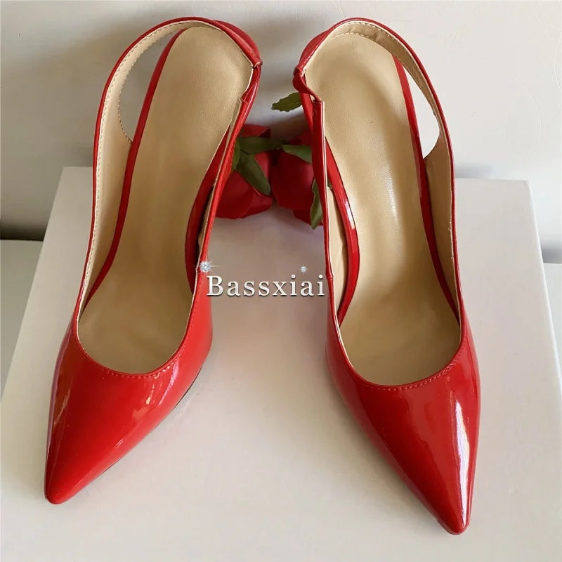 Unique Rose Flower Heel Women Pumps Genuine Leather Slingbacks Sexy Pointed Toe Dress Shoes For Girls