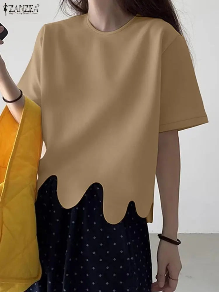2025 ZANZEA Stylish Summer Blouse Women O Neck Short Sleeve Tops Elegant Solid OL Work Shirt Female Irregular Hem Blusas Mujer