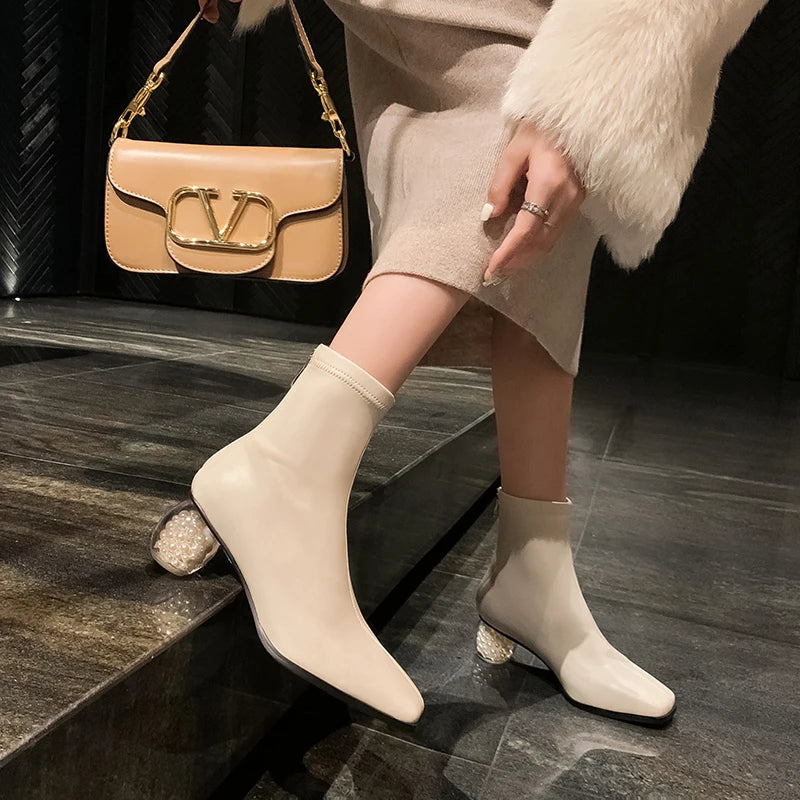Stretchable Short Boots Women Square Toe Pearl Heels Young Ladies Fashion Ankle Boots Female Party Dating Shoes