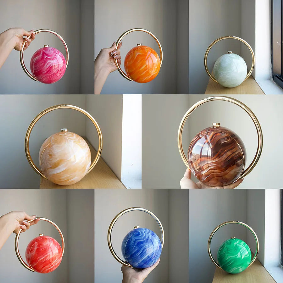 Fashion Marble Pattern Acrylic Round Evening Bag for Women Luxury Designer Metal Handle Lady Handbags Elegant Party Purses 2025