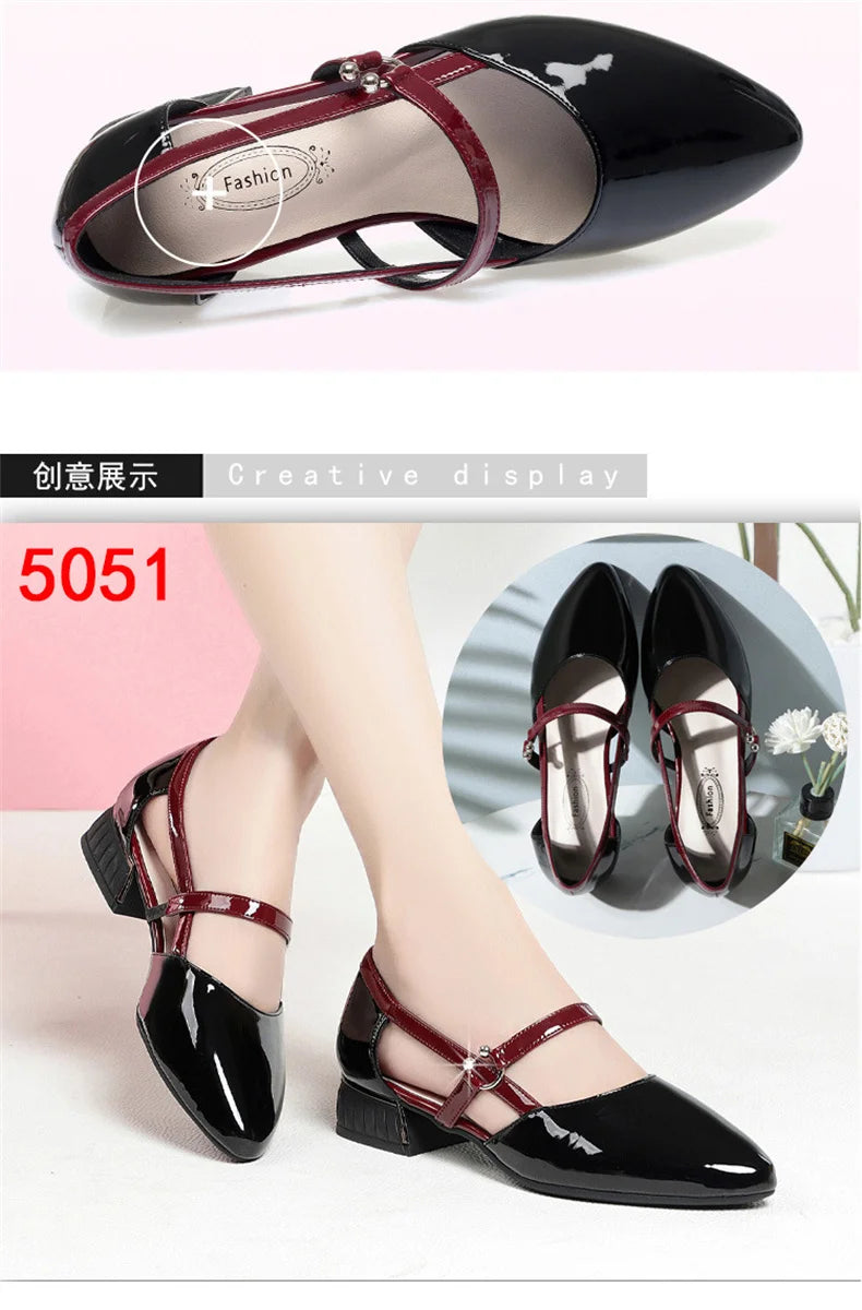 2024 Soft Leather Sandals Women Spring Summer Fashion Pointed Tip Single Shoes Low-Heel Hollow Buckle Ventilate Office Gentle