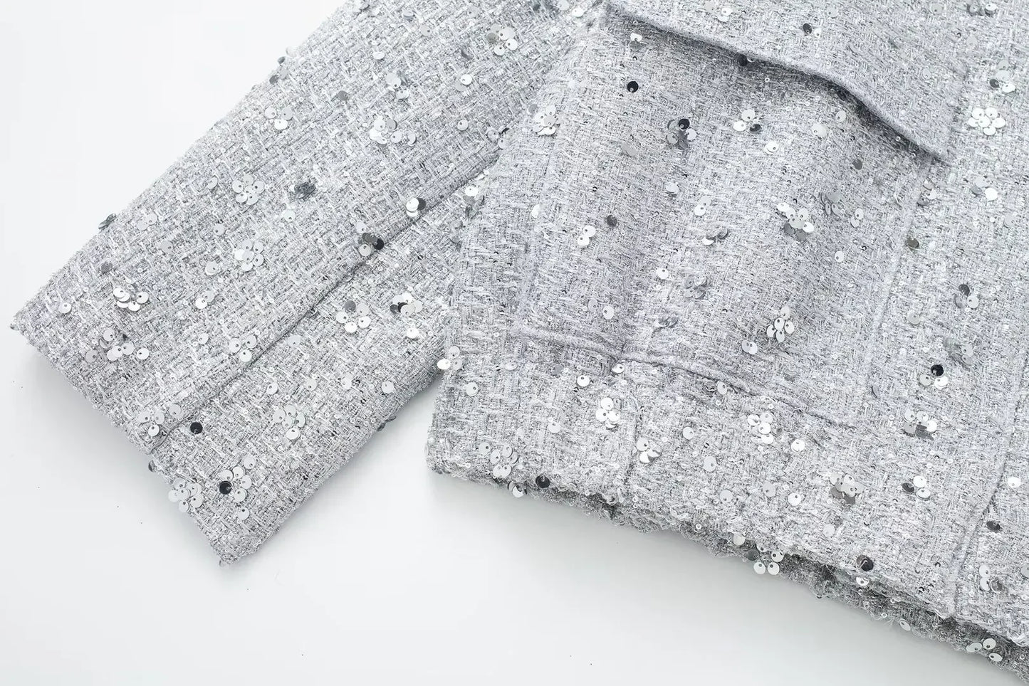 Women's Sequined Bomber Jacket Fall New Round Neck Long Sleeve Pocket Stretch Hem Sequins Jacket Coat Female Chic Outerwear