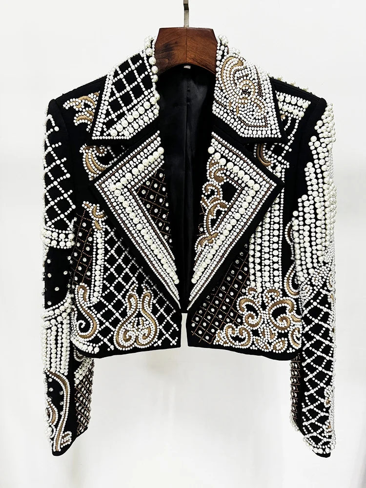 HIGH STREET Newest 2025 Stylish Designer Fashion Women's Luxurious Diamonds Pearls Embroidered Beaded Cropped Velvet Jacket